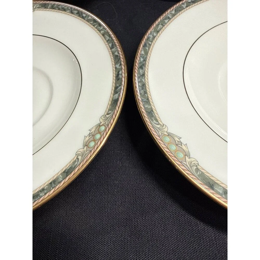 Set Of 6 Noritake Bone China Covina 9791 Saucers With Gold & Green Trim Vintage - Picture 3 of 13